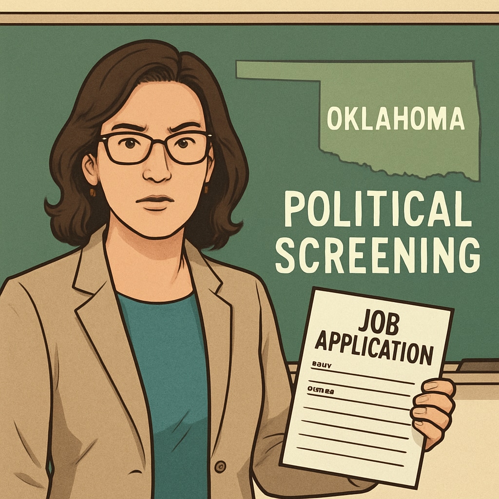 A teacher holding a job application form in Oklahoma, symbolizing political screening. Teacher application form in Oklahoma highlighting political screening policy.