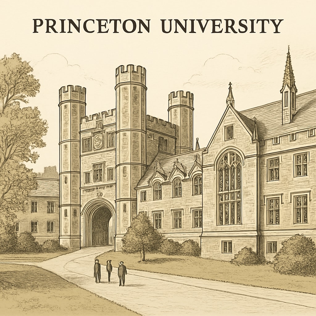 A campus view of Princeton University highlighting its famous Gothic architecture, symbolizing prestige and tradition. Princeton University campus showcasing Gothic architecture and tradition.