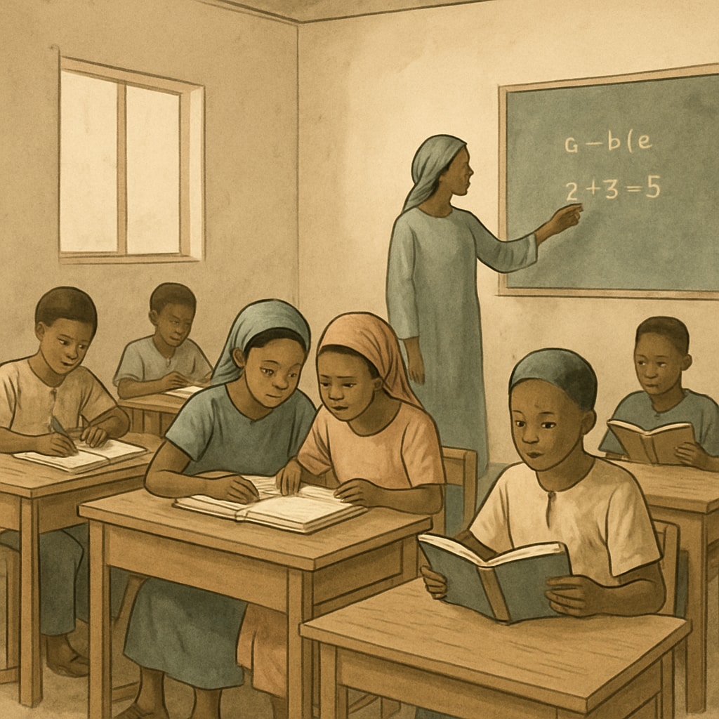A classroom in Mali showing students studying with limited resources, emphasizing the challenges in local K12 education systems. Students in a classroom in Mali learning with limited resources.