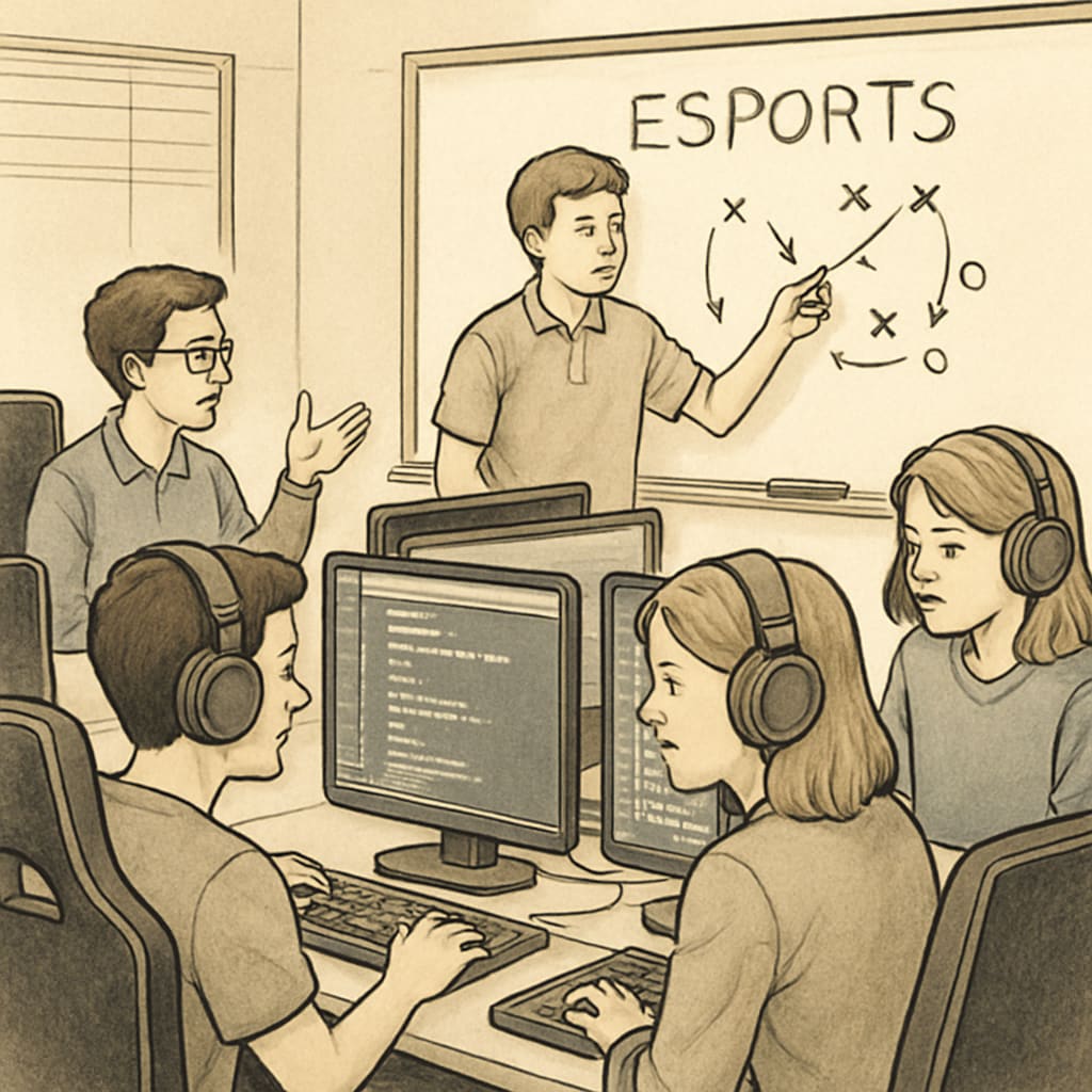 Students participating in esports and gamified learning activities in an educational environment.