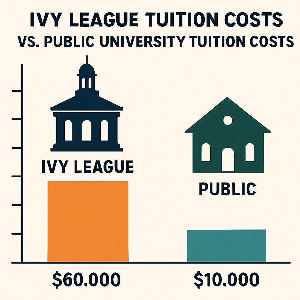 A visual comparison chart showing Ivy League tuition costs versus public university tuition costs, illustrating the stark financial disparity. Tuition comparison between Ivy League and public universities highlighting cost differences.