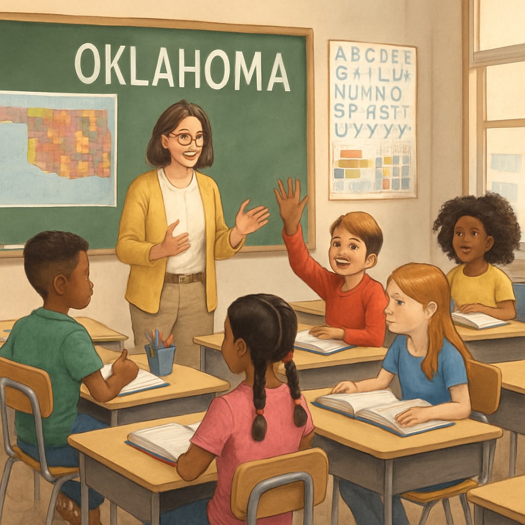 A classroom in Oklahoma with students and a teacher, emphasizing the importance of diversity and quality education. Classroom in Oklahoma showcasing diverse education approaches.