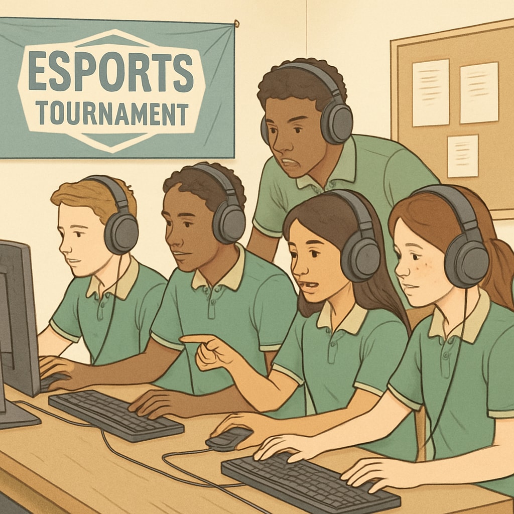 High school esports team demonstrating collaboration and strategy during a gaming tournament.