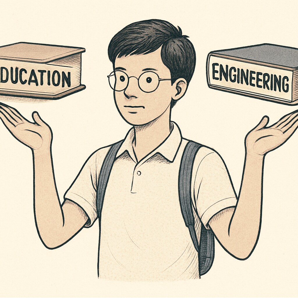 A creative image depicting a student balancing books labeled Student balancing education and engineering studies, representing dual degrees.