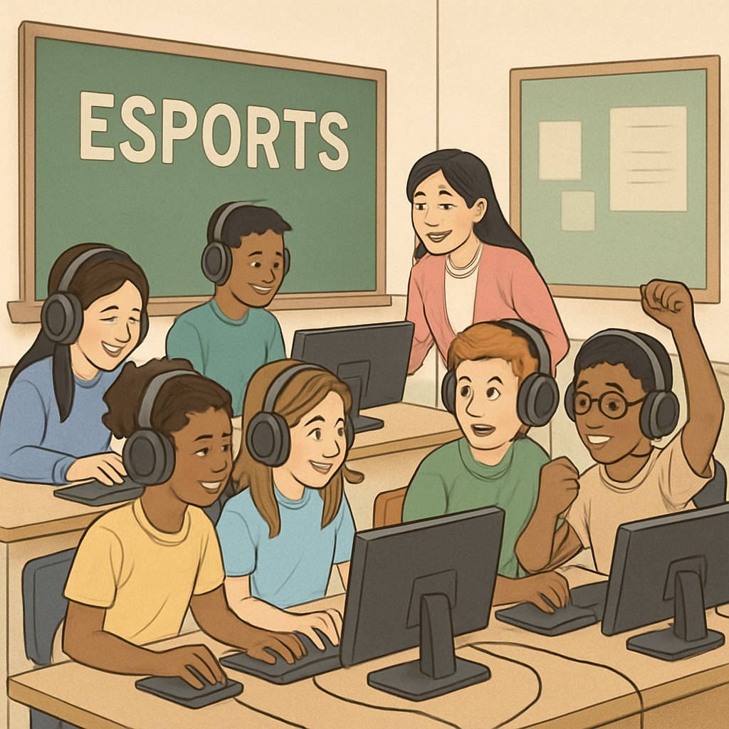 A diverse group of students engaged in an esports competition in a classroom setting, emphasizing teamwork and collaboration. Students participating in an esports competition in a classroom setting.