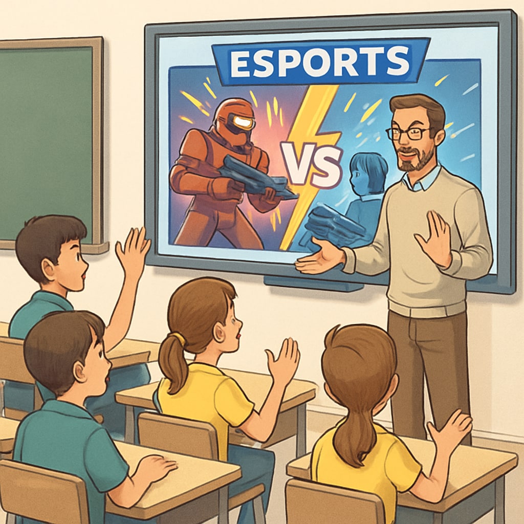 A teacher guiding students through a game-based learning activity, with esports visuals on a smartboard. Teacher and students collaborating on a game-based esports learning activity.