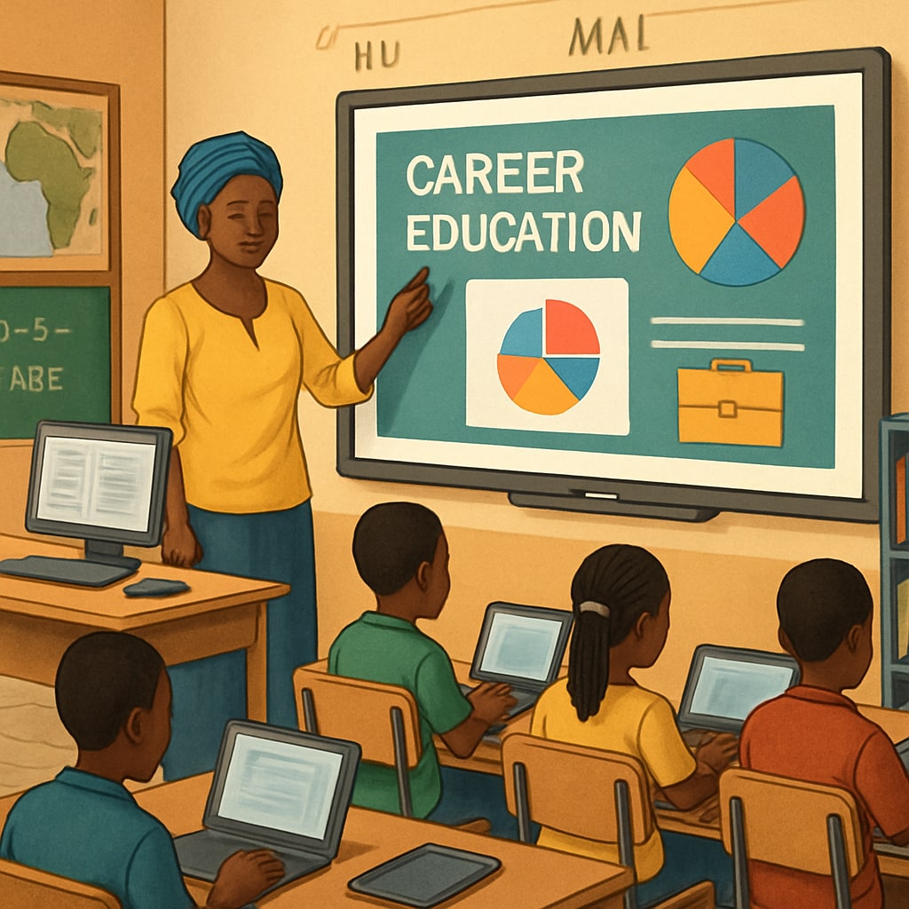 Classroom in Mali with career education resources, showing advancements in K12 education.