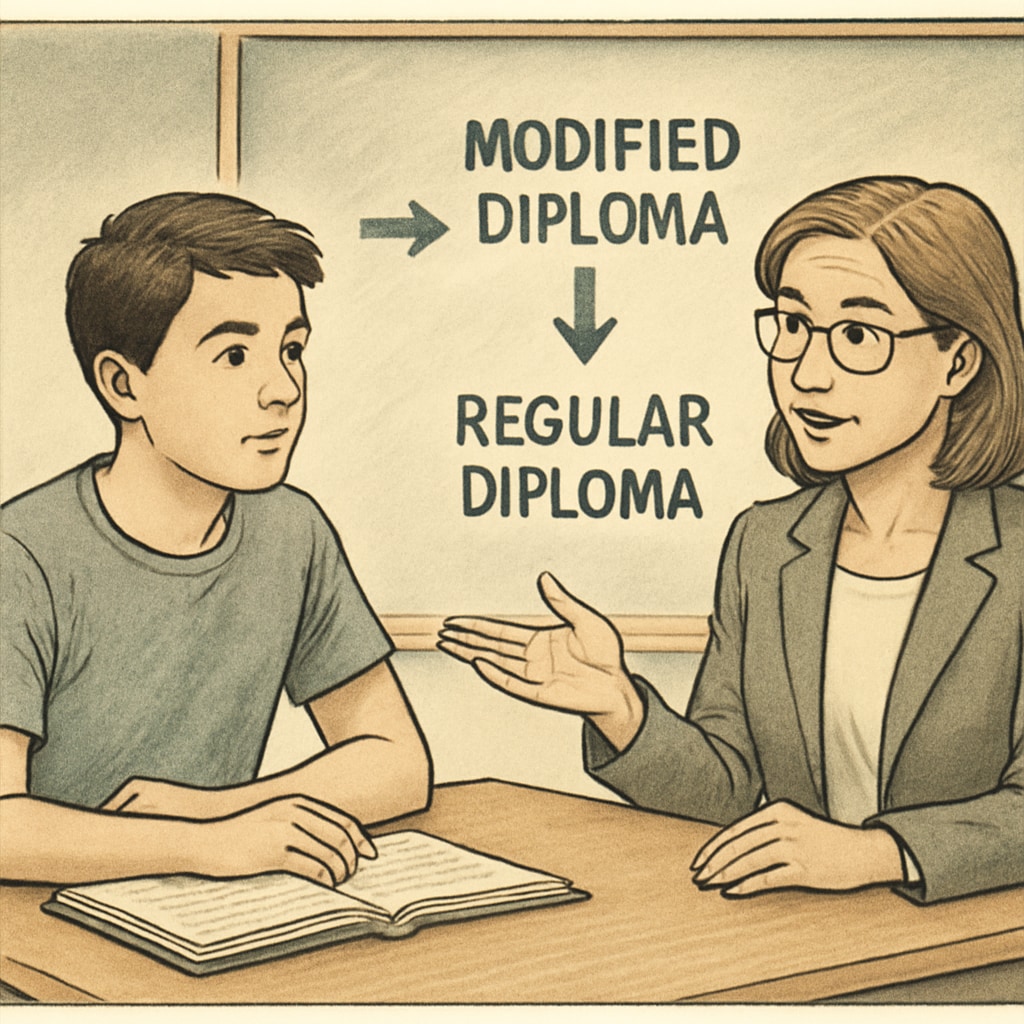 A young student sitting at a desk, reviewing academic options with a teacher, symbolizing the transition from a modified to a regular diploma. Student discussing diploma options with a teacher, representing modified diploma transition.