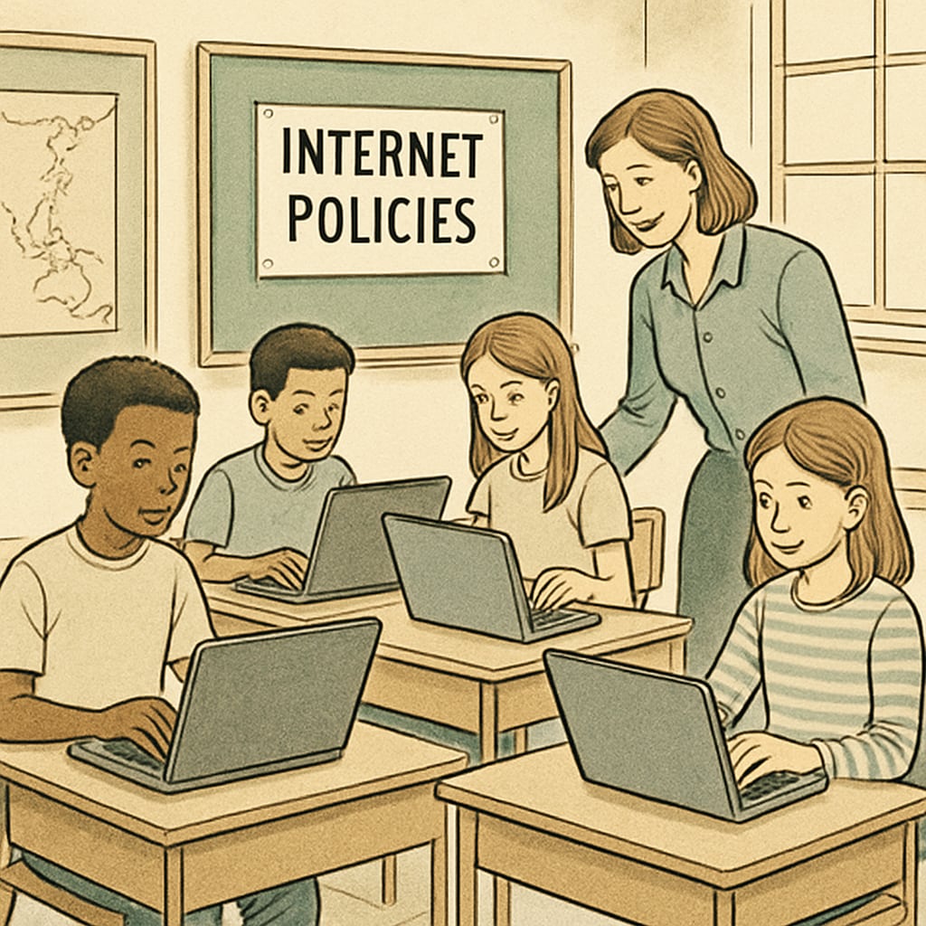 A group of K12 students using laptops in a classroom setting, with a teacher assisting them, demonstrating the intersection of education and internet policies. K12 students in a classroom navigating internet age verification laws to access educational resources.