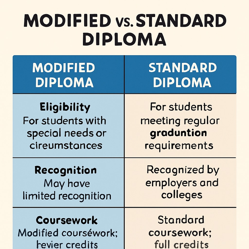 A comparison chart visually highlighting the differences between modified and standard diplomas, including eligibility, recognition, and coursework requirements. Comparison chart of modified vs. standard high school diplomas.