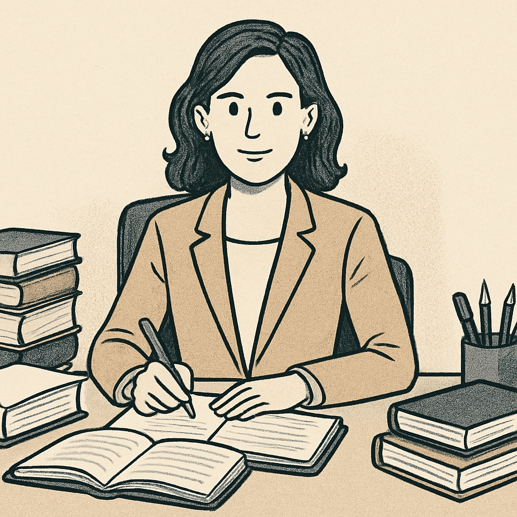 A professional woman sitting at her desk with educational materials, symbolizing the balance between work and study. Professional balancing work and study through educational materials.