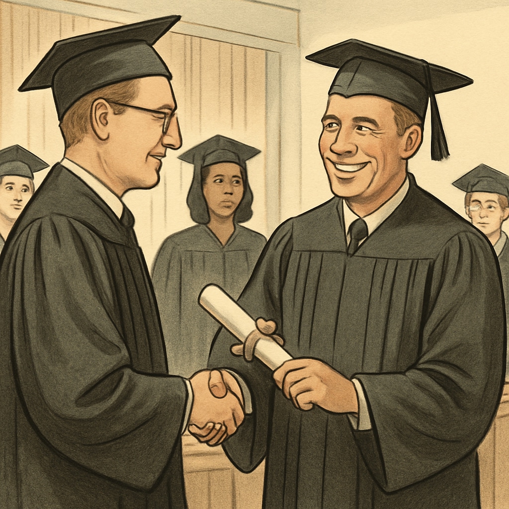 A smiling adult student receiving a diploma at a graduation ceremony, symbolizing success in transitioning to a regular diploma. Adult graduate celebrating the achievement of a regular diploma.