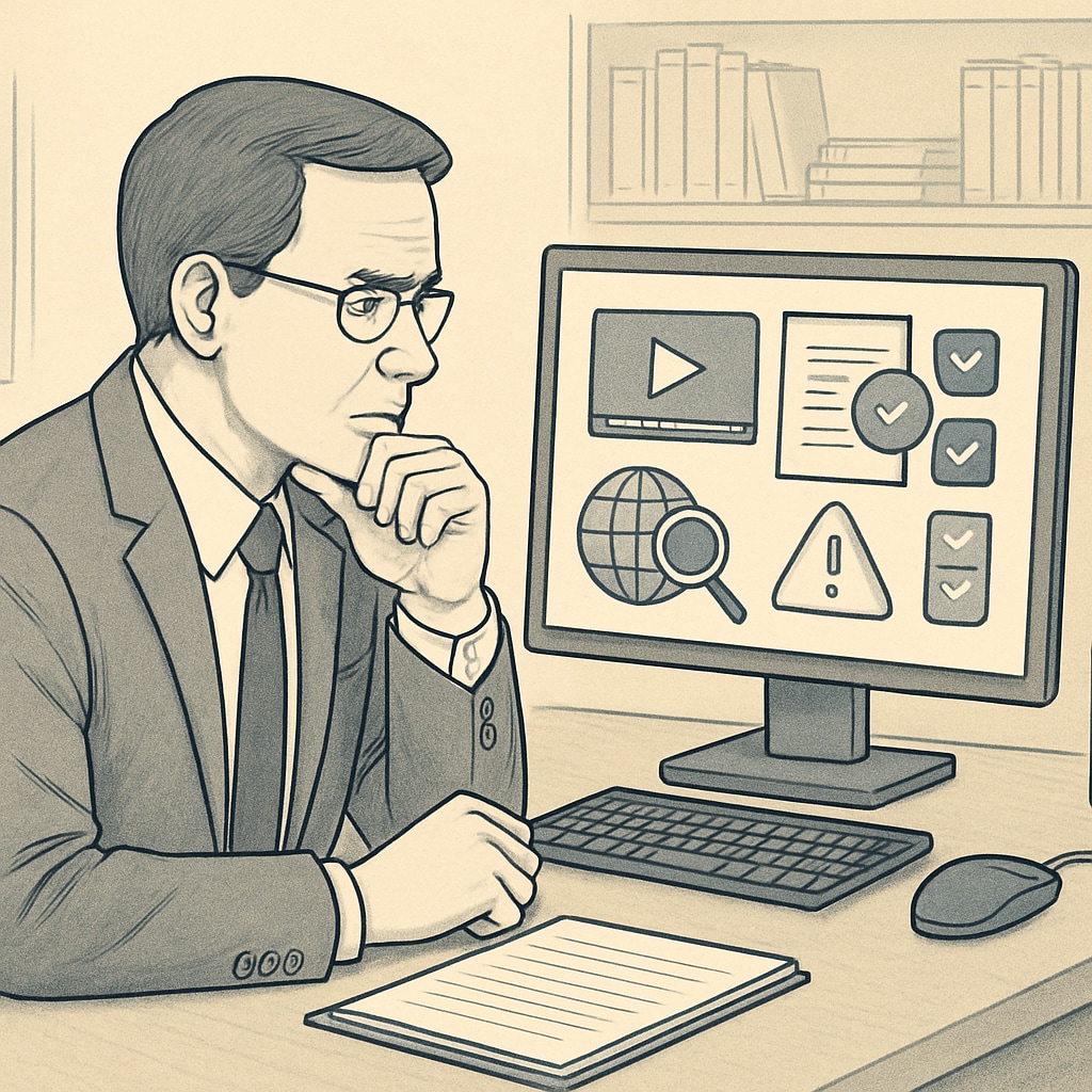 A school administrator reviewing digital tools on a computer screen, highlighting the complexities of implementing content verification systems. Educator analyzing digital tools to comply with internet age verification laws in schools.