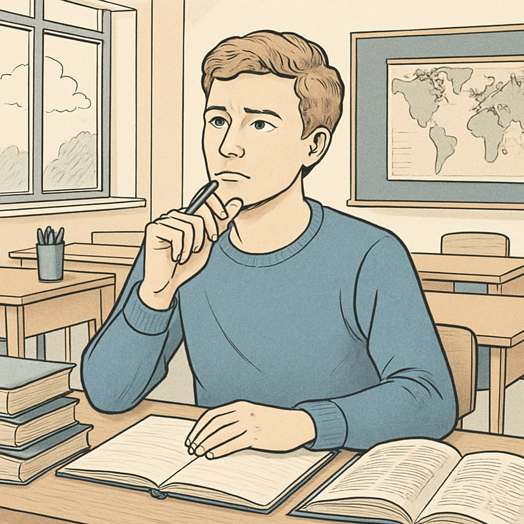 A student sitting in a classroom, reflecting on their diploma choice, symbolizing regret and contemplation over academic decisions. Student reflecting on modified diploma choice in a classroom setting.