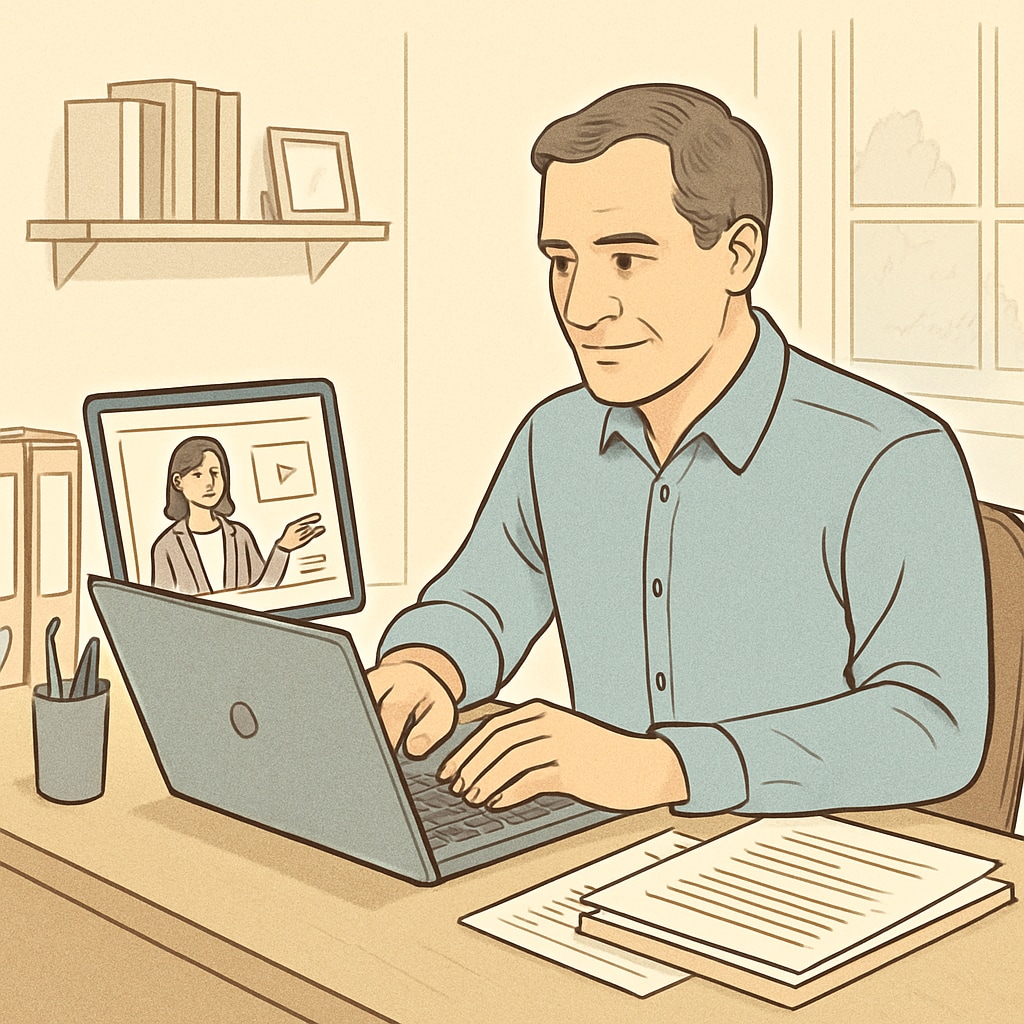 A mid-career professional using a laptop for an online course at home, surrounded by work-related files. Mid-career professional engaging in online education while managing work.