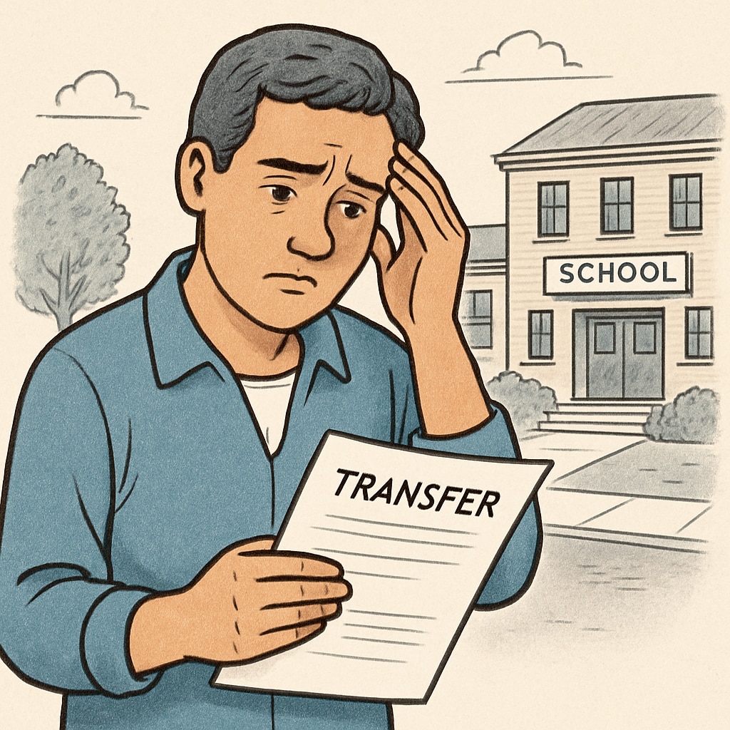 A concerned parent holds transfer paperwork, standing outside a school building, symbolizing the challenges of navigating school transfer processes. Parent holding transfer paperwork outside a school, representing school transfer challenges.