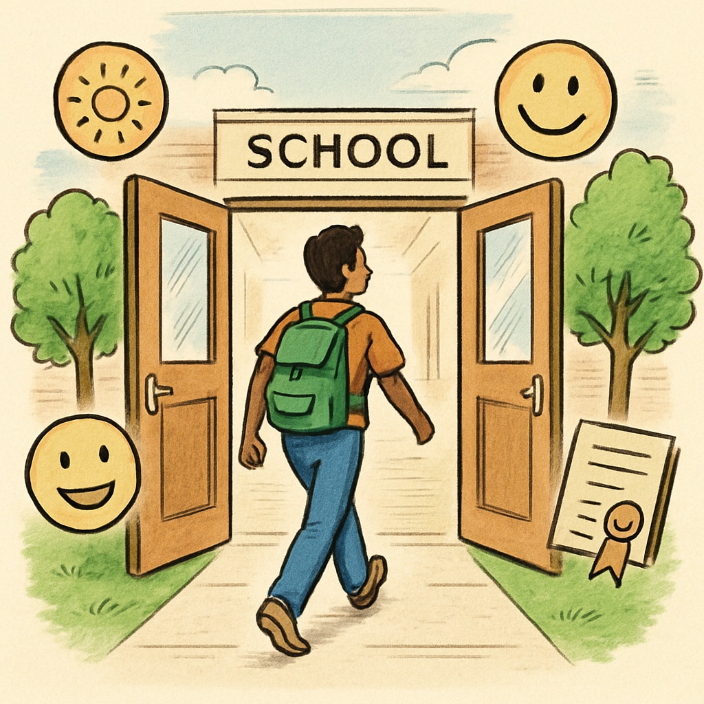 A student looking hopeful while walking into a new, welcoming school environment, symbolizing the success of overcoming transfer barriers. Hopeful student entering a new school, representing successful school transfers.