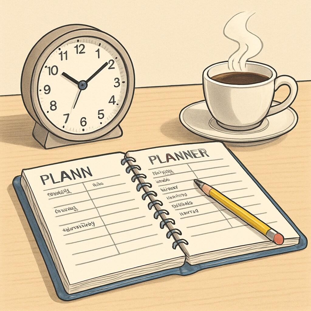 An organized workspace with a planner, clock, and a cup of coffee, symbolizing effective time management. A workspace setup for efficient time management with a planner and clock.