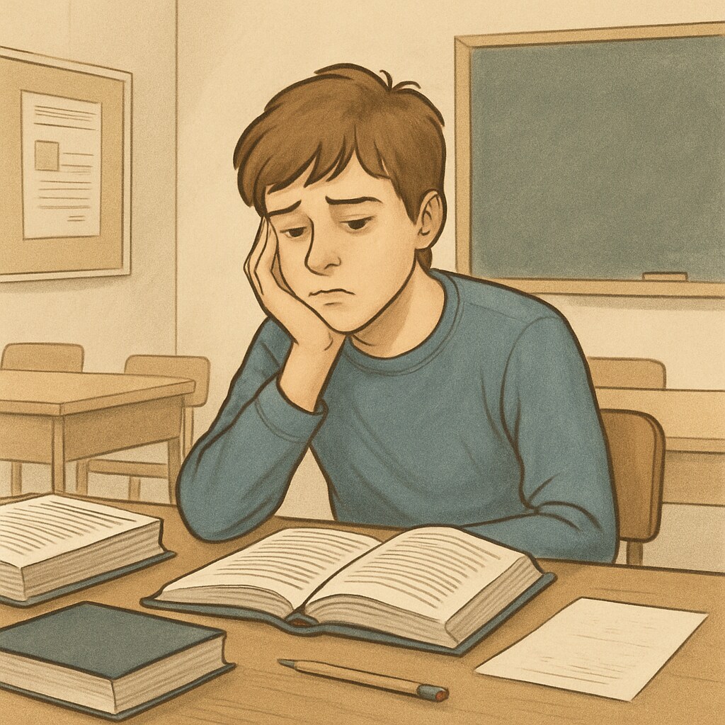 Teen sitting at a desk with books, struggling with learning motivation.