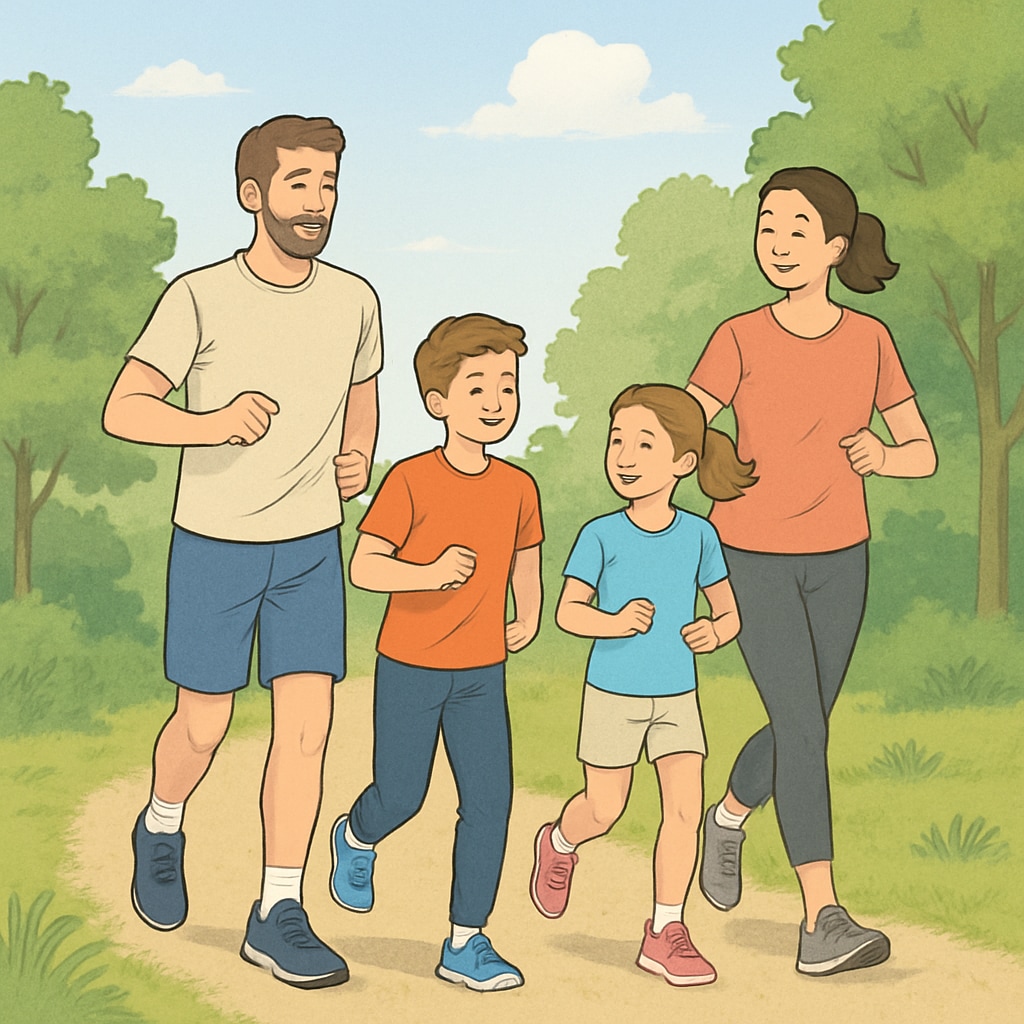 Family jogging outdoors to encourage healthy habits in teens.