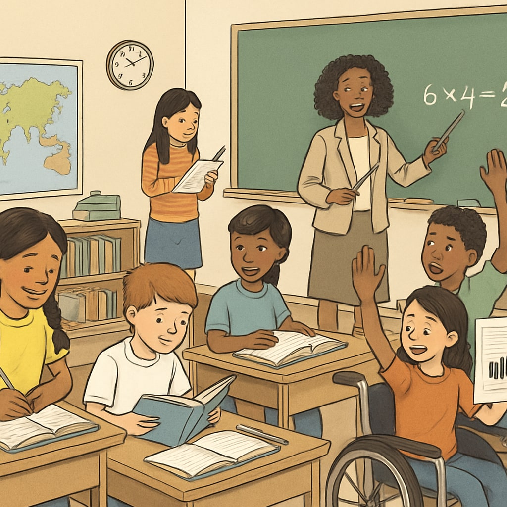 A classroom setting with diverse students engaged in learning activities, representing inclusive education opportunities. Students in a classroom experiencing inclusive education recovery programs in the UK.