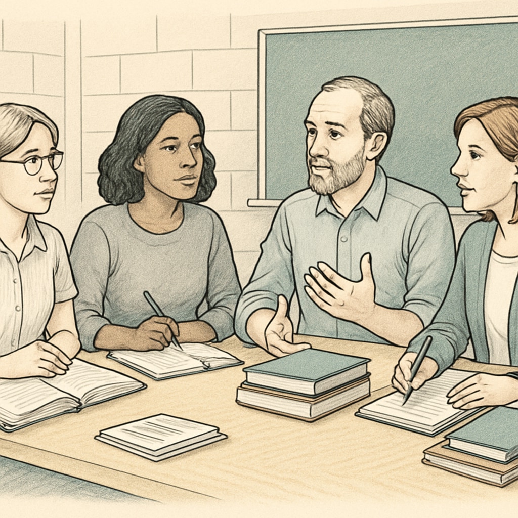 A group of teachers discussing curriculum in a classroom setting, symbolizing collaboration and professional development. Teachers discussing curriculum in a classroom setting.