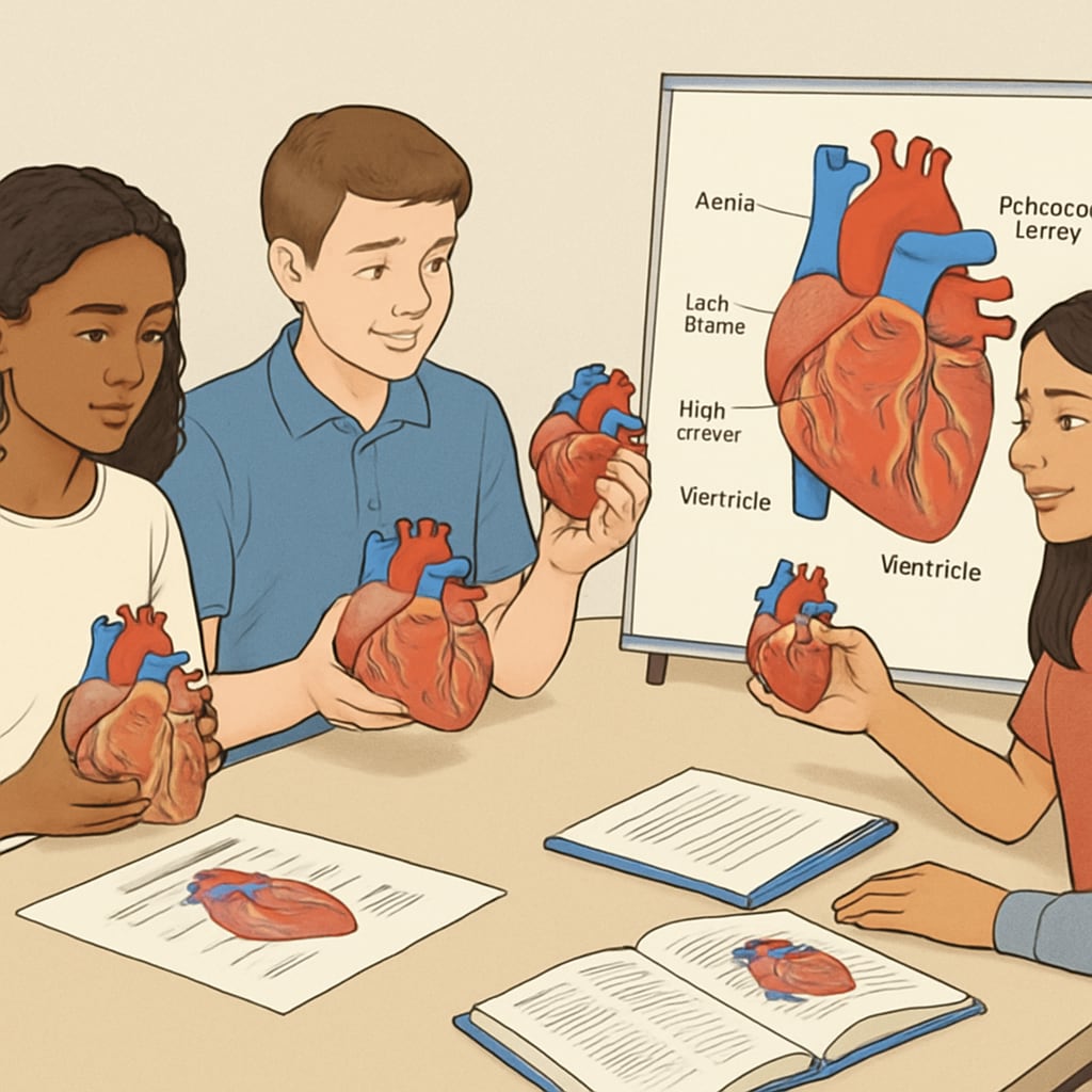 A diverse group of students engaging in a hands-on activity about the human heart, with models and diagrams. Students learning about the human heart through interactive activities.