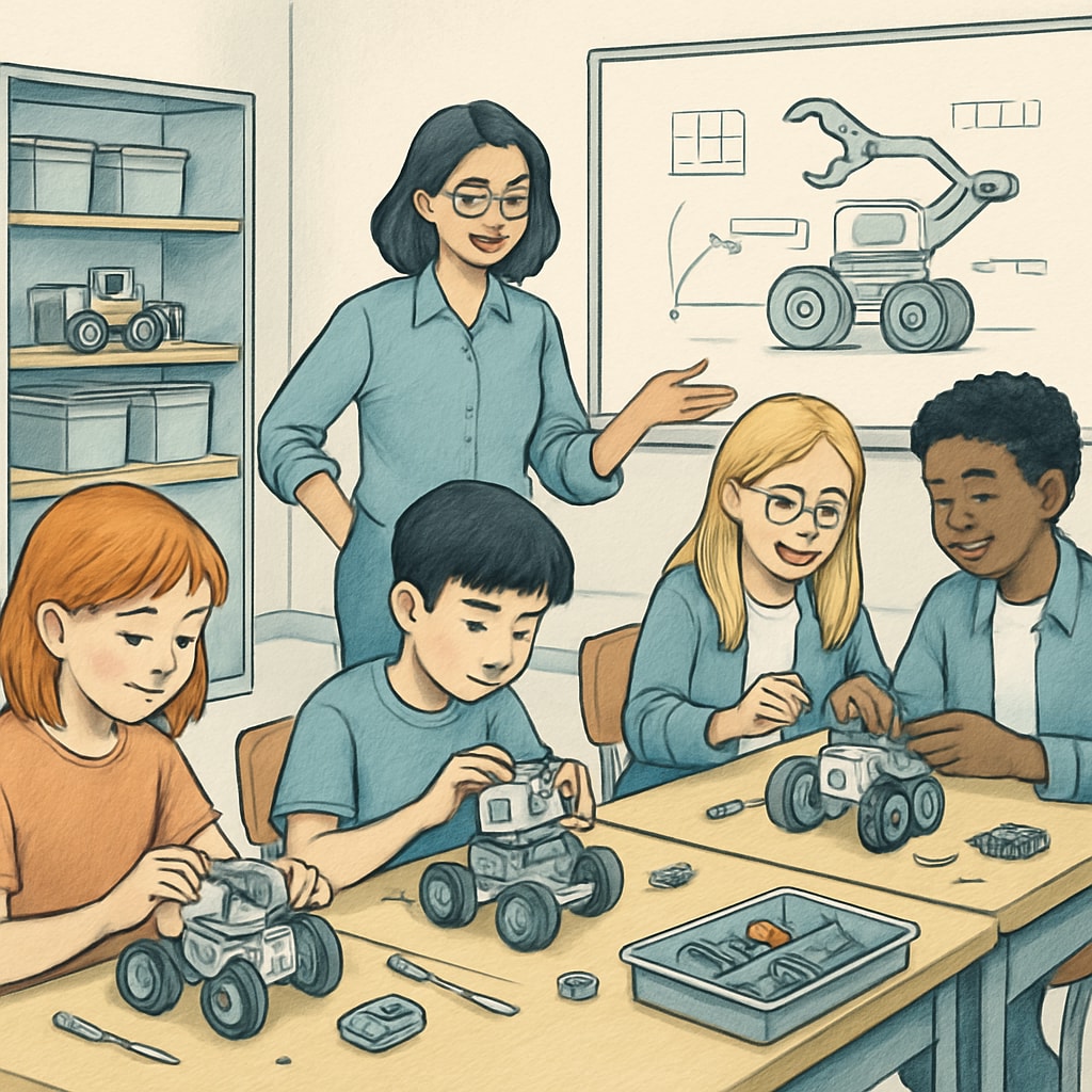 A classroom equipped with robotics kits and students actively participating in a hands-on engineering project. Students working on robotics kits in a STEAM-focused classroom.