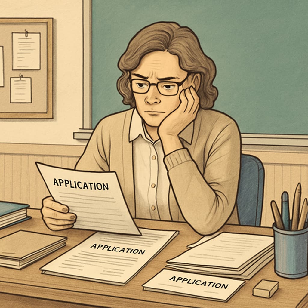 A concerned teacher sitting at a desk, reviewing application materials, symbolizing the challenges faced by educators under the new policy. Teacher reviewing application materials, reflecting on political ideology test implications.
