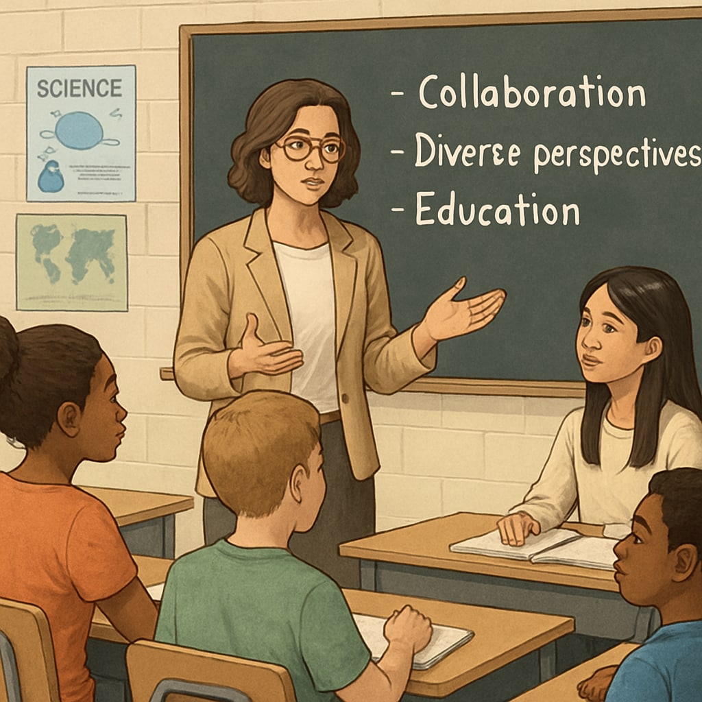 A teacher leading a discussion with students in a diverse classroom, highlighting the importance of diverse perspectives in education. Teacher leading a discussion in a diverse classroom.