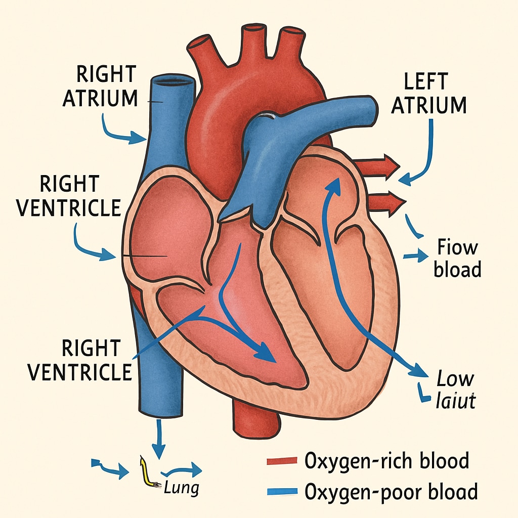 An animated diagram of the human heart, showing its chambers and the flow of blood. Diagram of the human heart demonstrating blood flow.