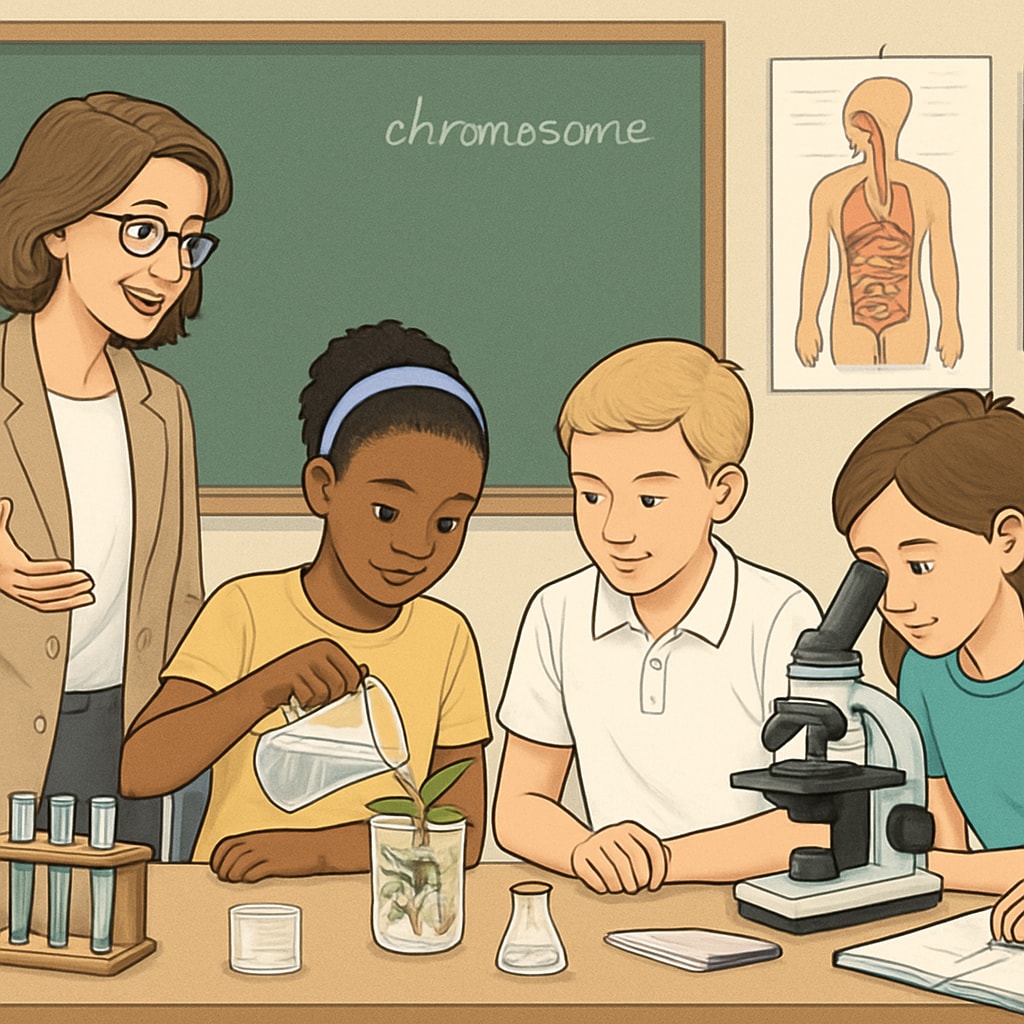 A classroom filled with students engaged in a hands-on biology experiment, led by a teacher with a science background. A teacher with a biology background conducting a science experiment in a classroom.