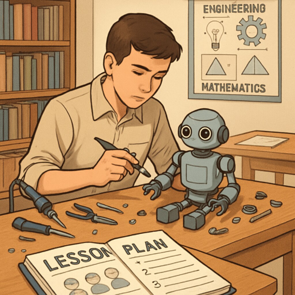 A high school student working on a robot prototype while preparing a lesson plan for younger students, symbolizing the integration of education and engineering. High school student creating a robot while planning educational activities.