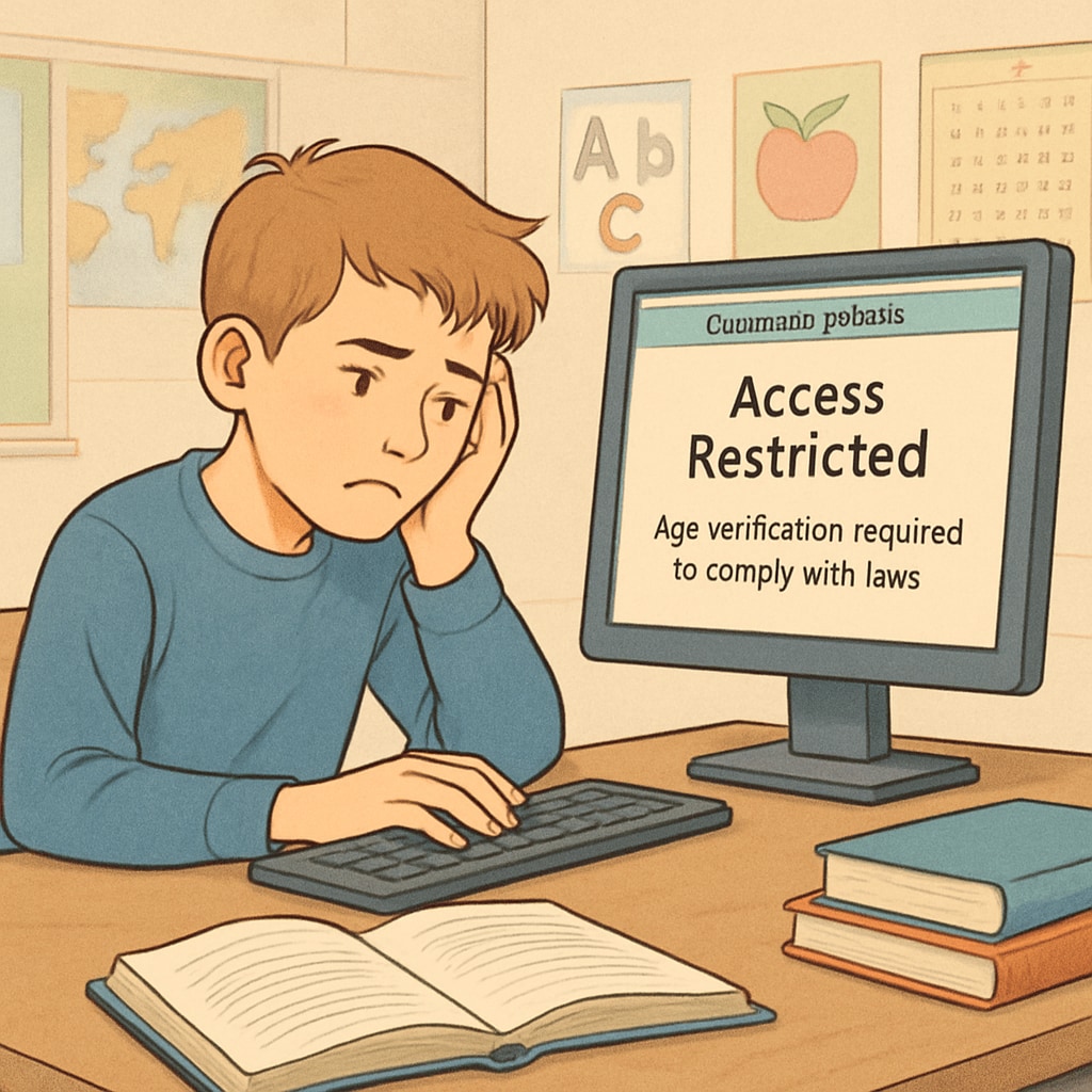 A young student frustrated while trying to access an educational website restricted by age verification laws. Student facing age verification barriers while accessing educational resources online.