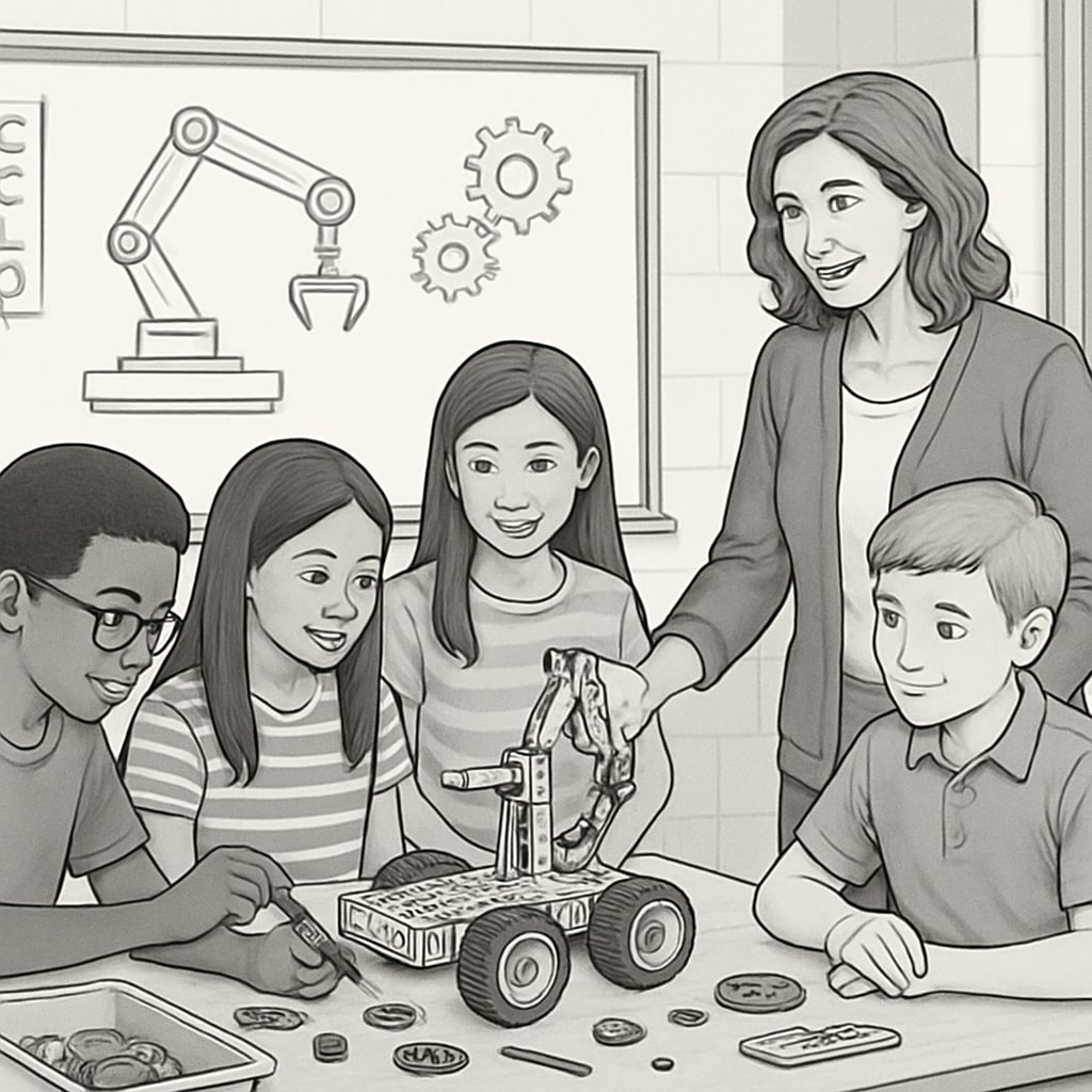 K12 teacher guiding students in robotics project in a classroom setting.
