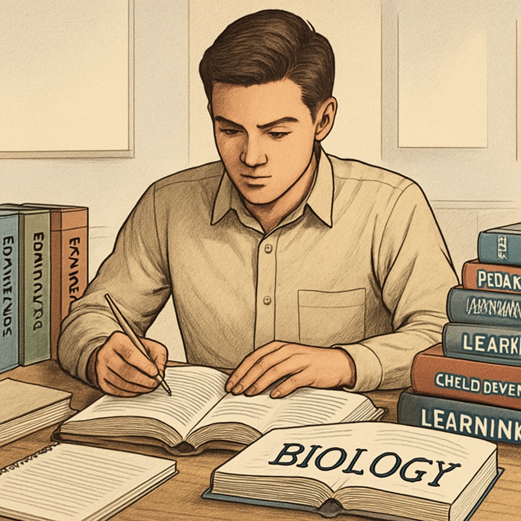 A motivated biology graduate studying educational pedagogy books to prepare for a teaching certification exam. A biology graduate preparing for teaching certification by studying pedagogy books.