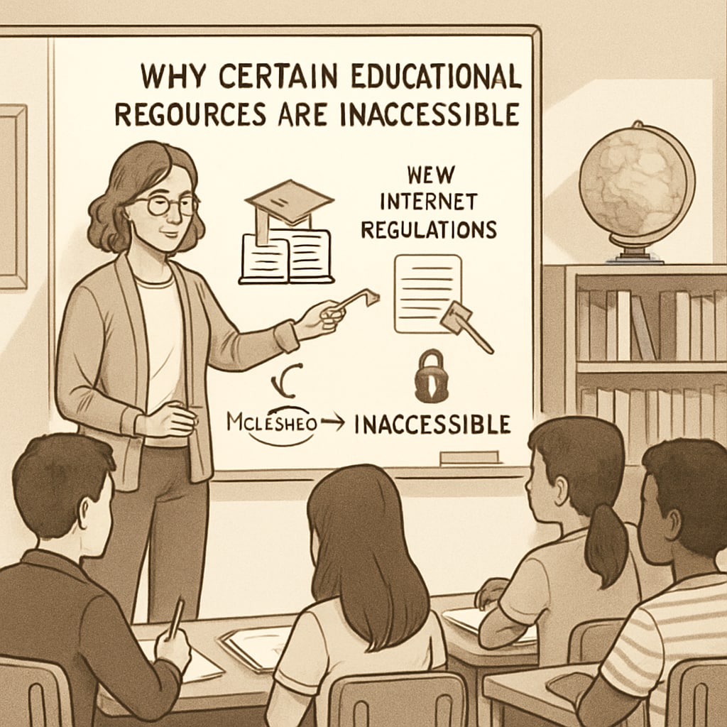 An educator explaining to students why certain online educational resources are inaccessible due to new internet regulations. Teacher discussing the implications of internet content restrictions with students.