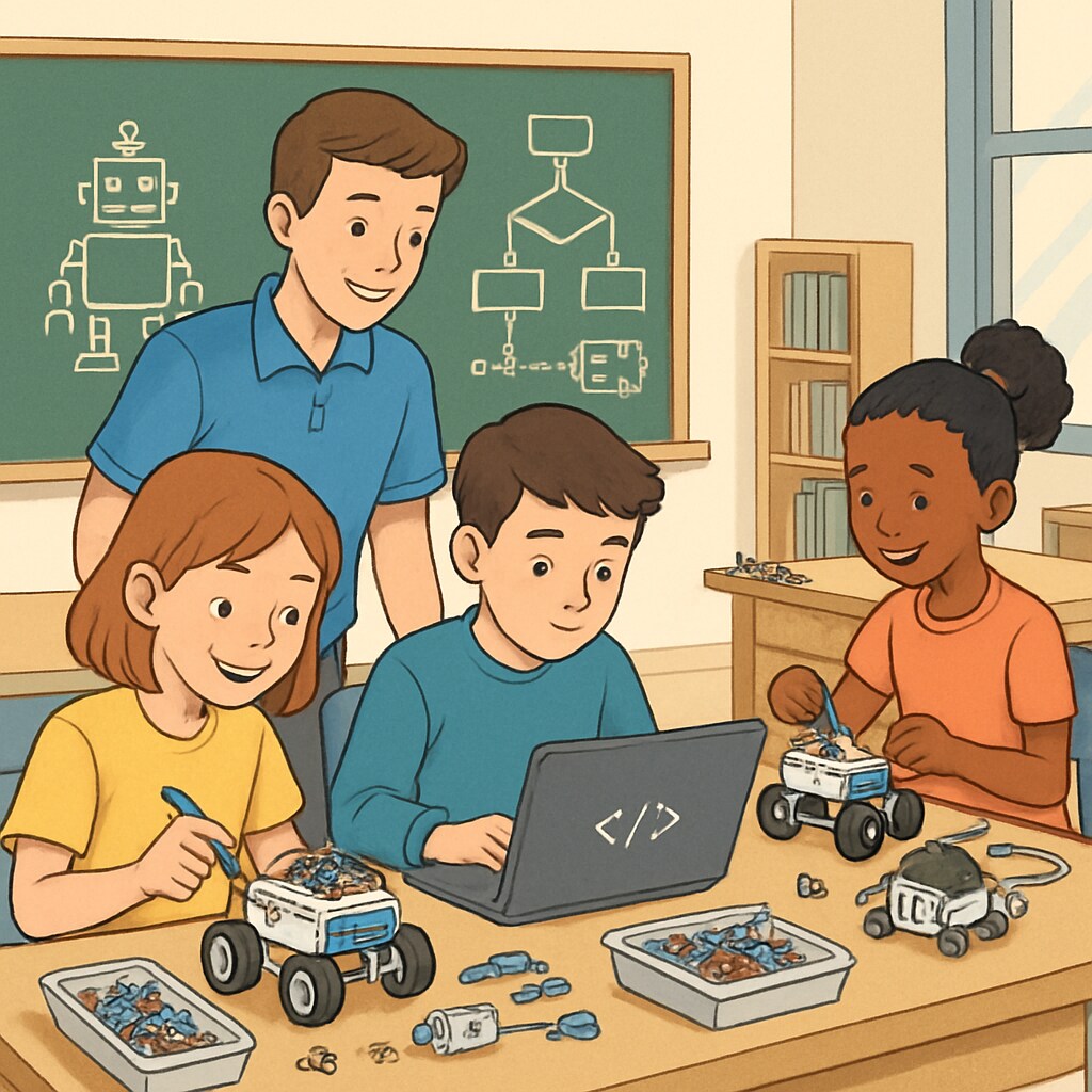 A classroom scene where students use robotics kits to learn programming, demonstrating the practical applications of combining education and engineering expertise. Students using robotics kits in a classroom guided by a STEAM educator.