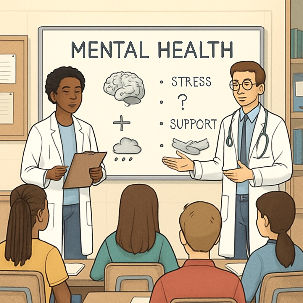 Medical students presenting a mental health talk to a group of high school students in a classroom setting. Medical students conducting a mental health talk for high school students in a classroom.