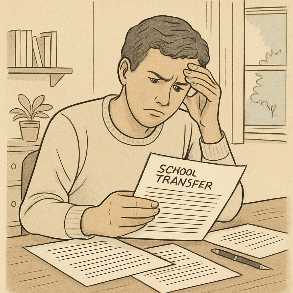 A frustrated parent reviewing complex school transfer documents at home. This image highlights the difficulties families face during the transfer process. Parent frustrated with school transfer paperwork