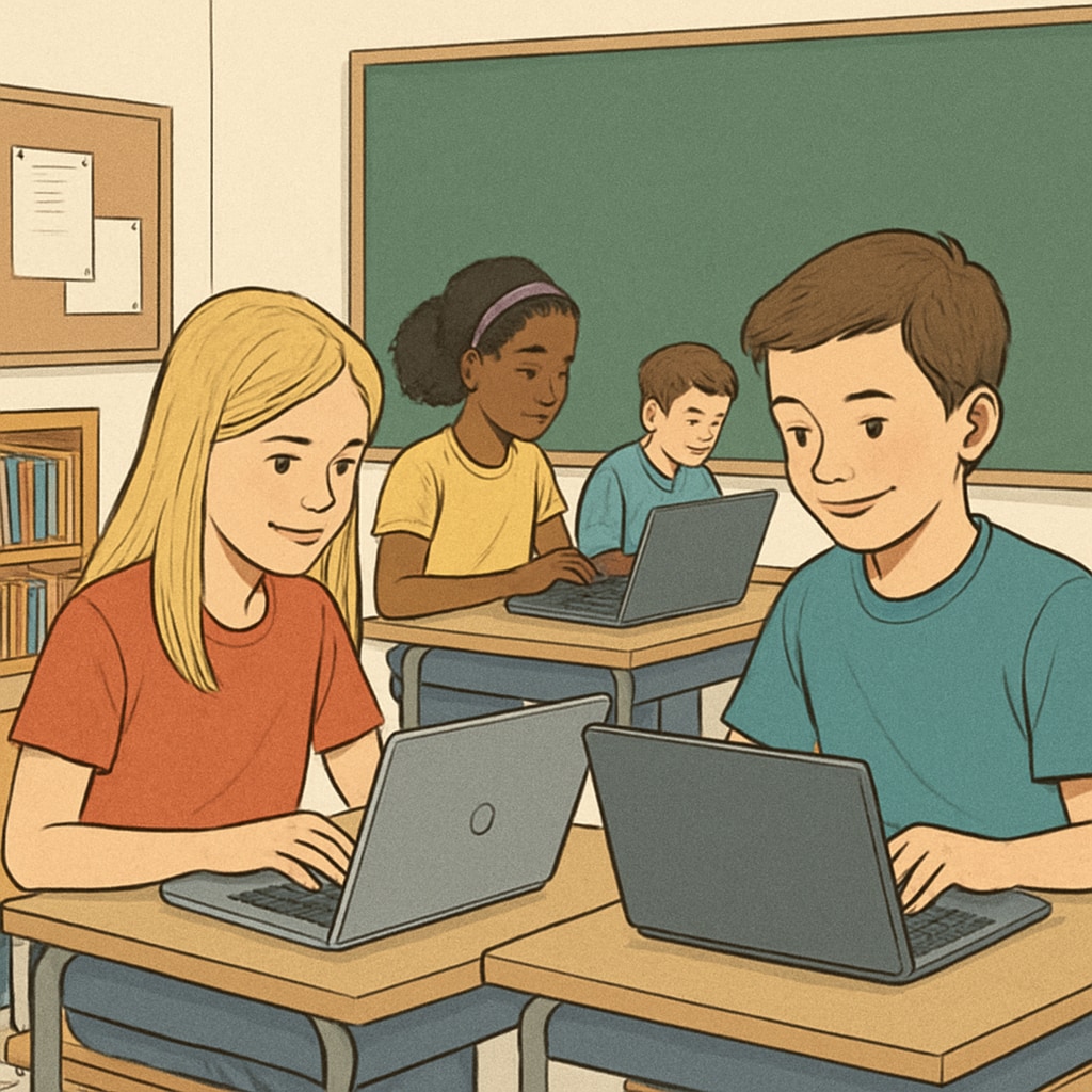 A classroom setting with students using laptops, symbolizing education and technology integration. Students using laptops in a classroom, representing the intersection of education and technology within the context of age verification laws.