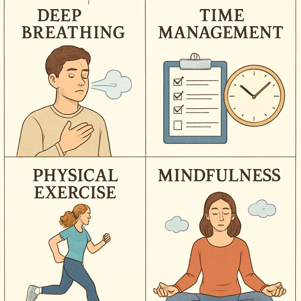 Visual aids like a slide showing stress management techniques used during a mental health talk. Slide presentation on stress management techniques during a mental health talk.