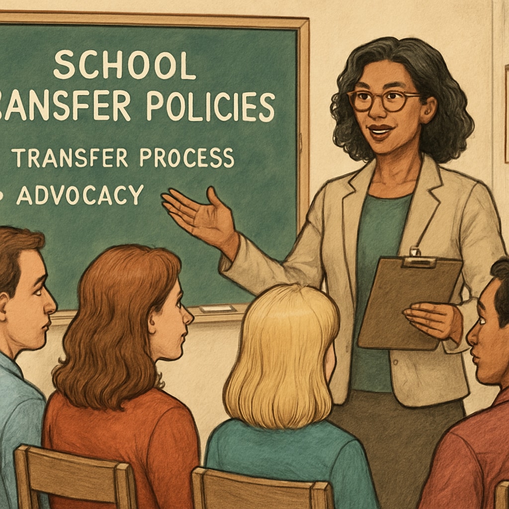 A teacher explaining school transfer policies to concerned parents in a classroom setting. This image emphasizes the importance of communication and advocacy during the transfer process. Teacher discussing school transfer policies with parents