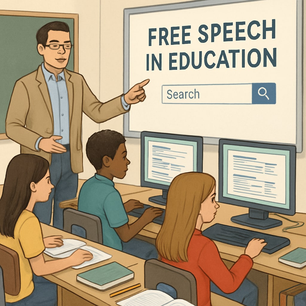 An educator guiding students through an online research project, highlighting the role of free speech in education. A teacher assisting students with online research, emphasizing the importance of free speech in the educational use of digital platforms.