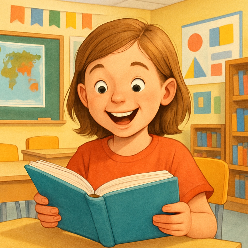 An elementary student holding a book, smiling enthusiastically while reading in a colorful classroom. Elementary student reading in a classroom, highlighting reading motivation tools.