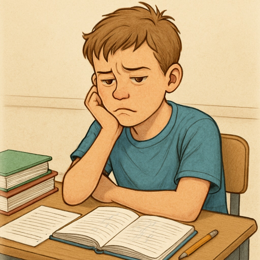 A middle school student sitting at a desk, appearing disengaged and frustrated, symbolizing academic struggle. Middle school student struggling with academics, illustrating disengagement.