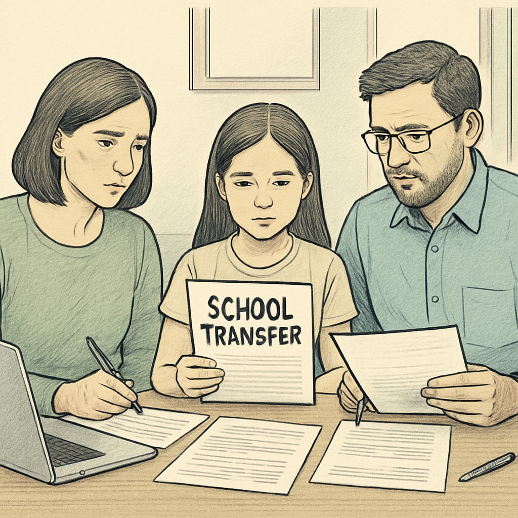 A family reviewing school transfer paperwork at a table, symbolizing the complexity of inter-district communication. Family discussing school transfer paperwork, highlighting inter-district communication challenges.