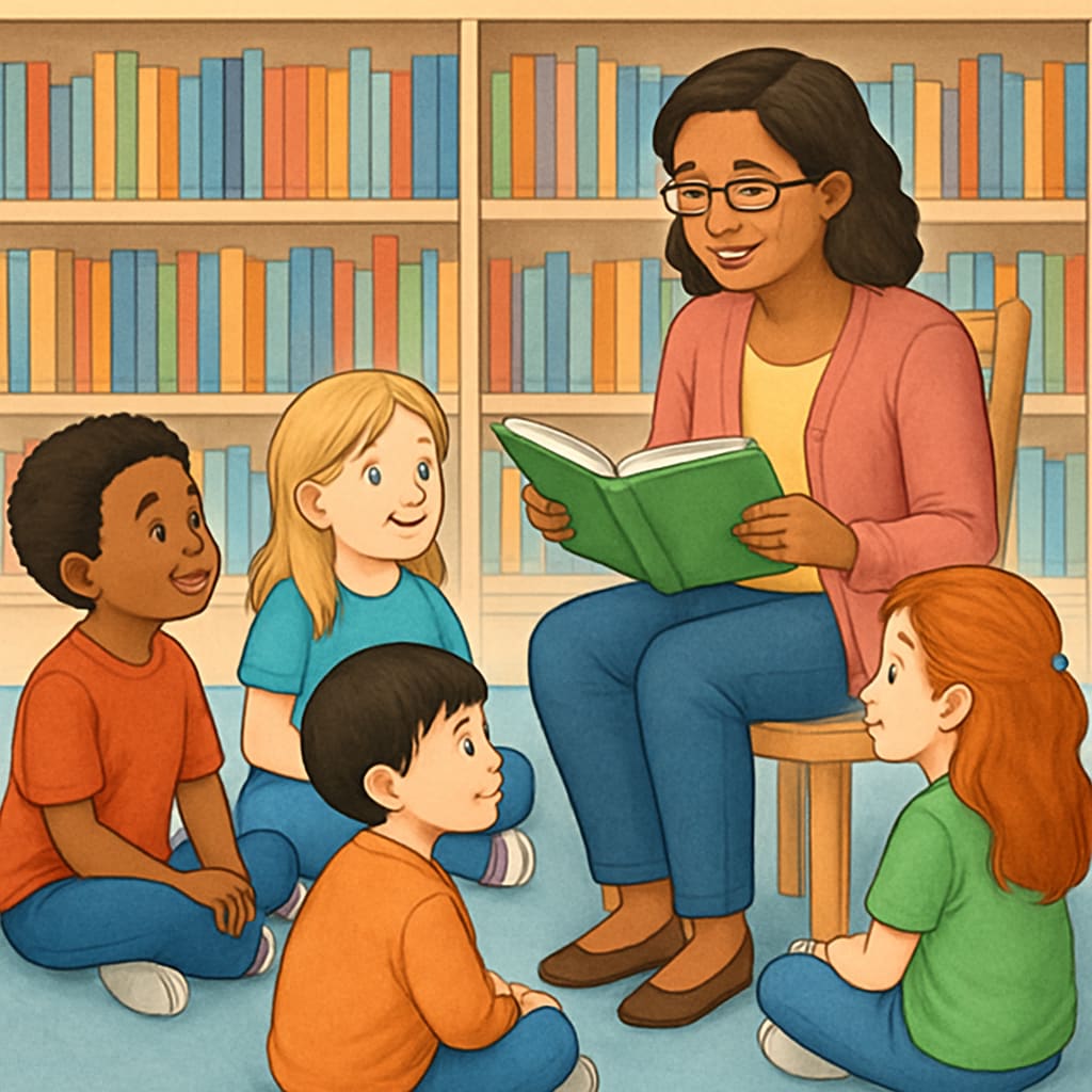 A teacher reading aloud to a group of elementary students sitting in a circle, with diverse books visible in the background. Teacher reading to students, emphasizing alternatives to the A.R. system for reading motivation.