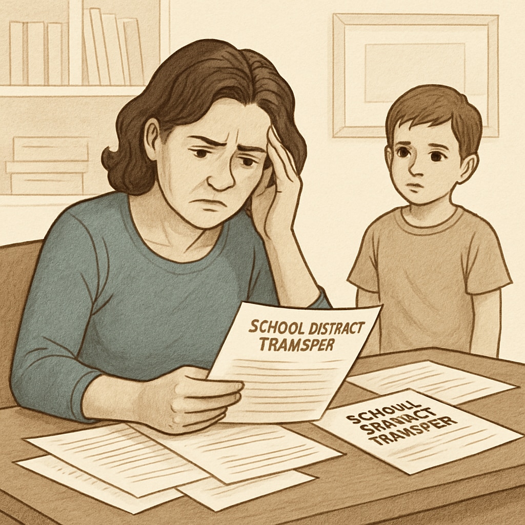 A frustrated parent reviewing school district transfer forms while their child looks on, symbolizing the challenges of navigating school district barriers. Parent and child dealing with school district transfer challenges.