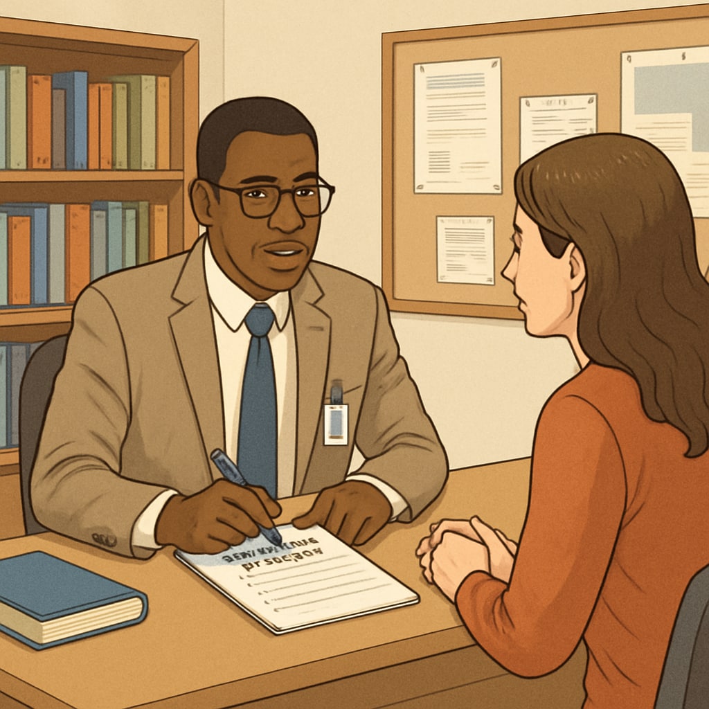 A school administrator discussing transfer options with a concerned parent, illustrating the need for transparency and collaboration. School administrator and parent discussing transfer options for better education access.